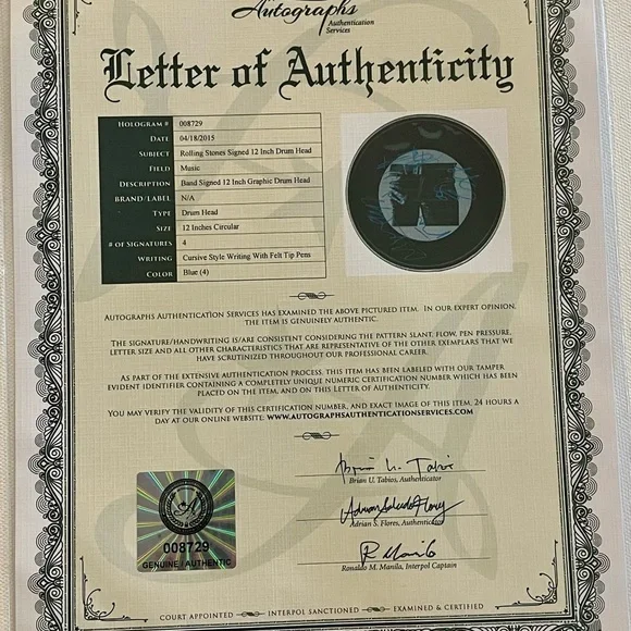 Sticky Fingers Drumhead signed by The Rolling Stones, COA Vinyl Records